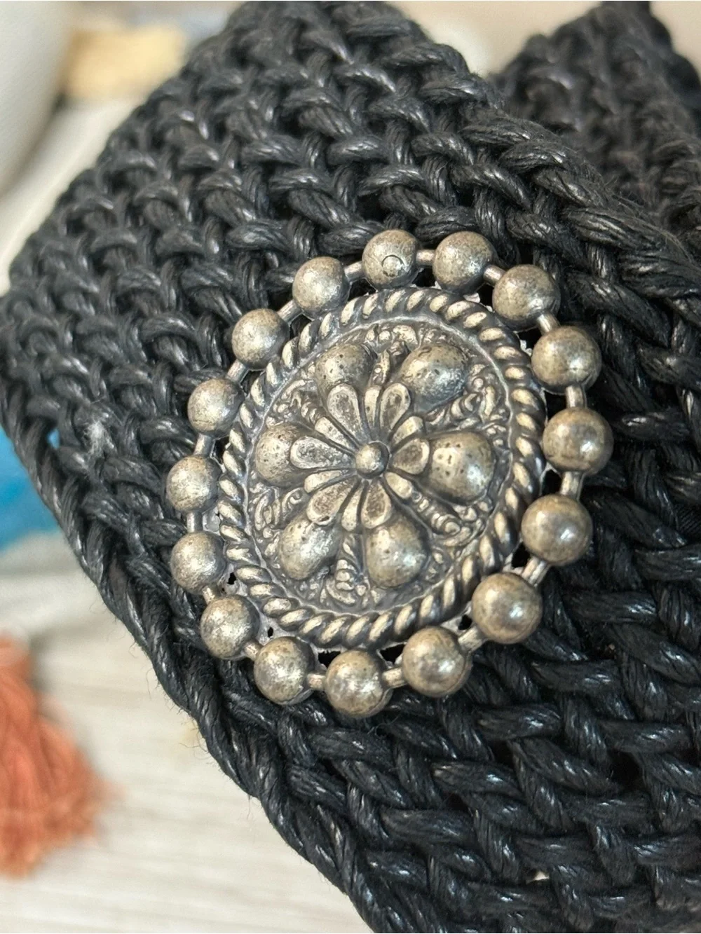 Patricia Green Black Braided Belt with Ornate Silver-Tone Buckle
